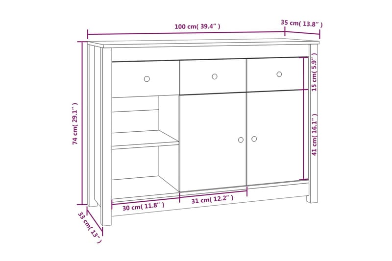 beBasic Skänk vit 100x35x74 cm massiv furu - White - Sideboard & skänk