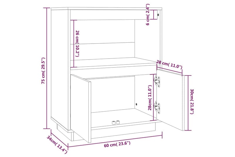 beBasic Skänk vit 60x34x75 cm massiv furu - White - Sideboard & skänk