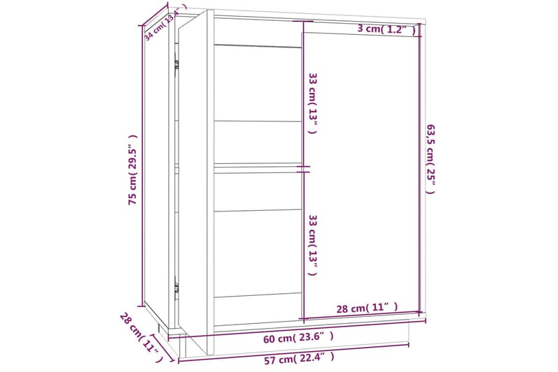 beBasic Skänk vit 60x34x75 cm massiv furu - White - Sideboard & skänk