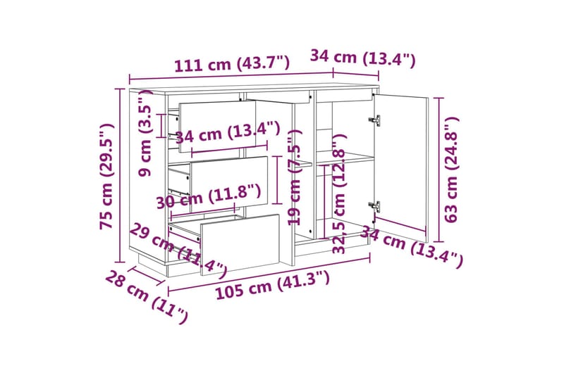 Skänk vit 111x34x75 cm massiv furu - Vit - Sideboard & skänk