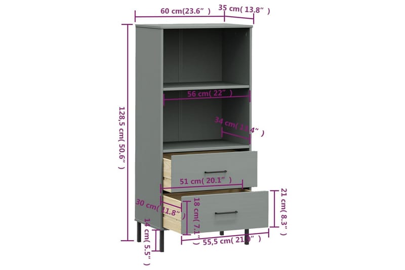 beBasic Bokhylla med 2 lådor OSLO grå 60x35x128,5 cm massivt trä - Grey - Bokhylla