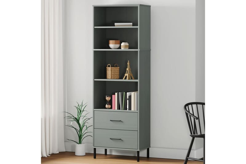 beBasic Bokhylla med 2 lådor OSLO grå 60x35x180 cm massivt trä - Grey - Bokhylla