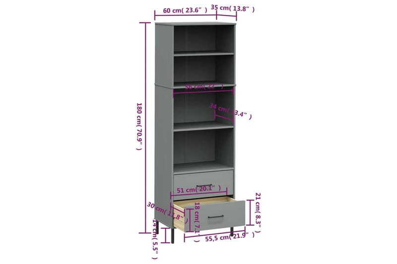 beBasic Bokhylla med 2 lådor OSLO grå 60x35x180 cm massivt trä - Grey - Bokhylla