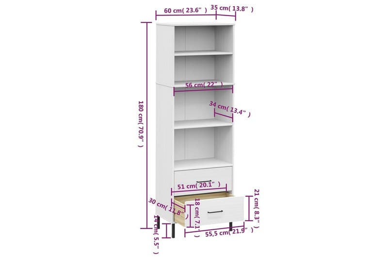 beBasic Bokhylla med 2 lådor OSLO vit 60x35x180 cm massivt trä - White - Bokhylla