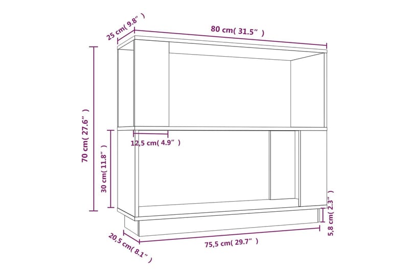 beBasic Bokhylla/rumsavdelare svart 80x25x70 cm massiv furu - Black - Bokhylla