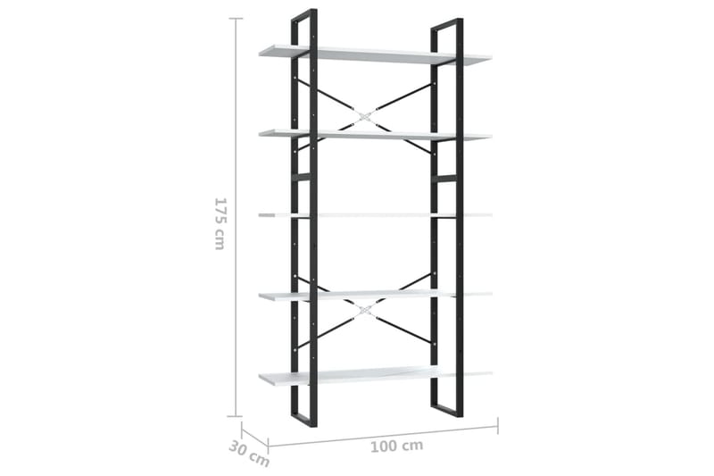 Bokhylla 5 hyllplan vit 100x30x175 cm spånskiva - Vit - Bokhylla