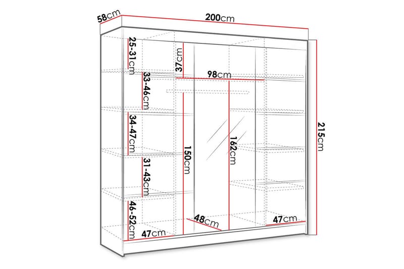 Cyria Garderob med rymlig Förvaring och Skjutdörrar med Spegel 200x215 cm - Brun/Vit - Förvaring - Klädförvaring - Garderob & garderobssystem