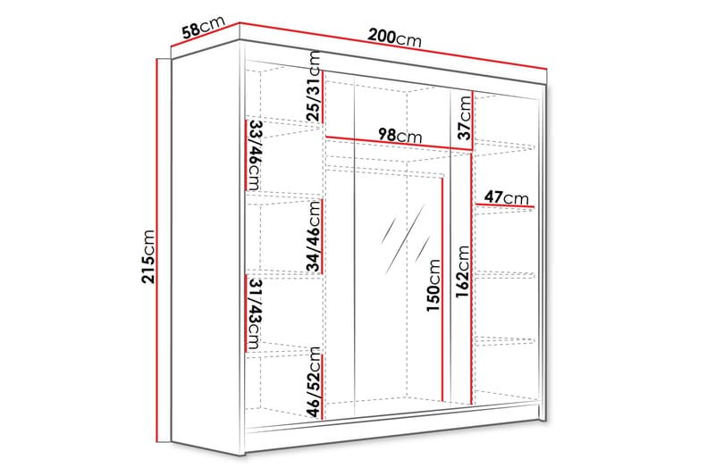 Dianna Garderob med Spegel 200x215 cm - Vit/Svart - Förvaring - Klädförvaring - Garderob & garderobssystem