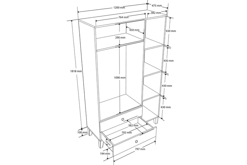 Huddy Garderob 120x191,8 cm - Ek/Vit - Förvaring - Klädförvaring - Garderob & garderobssystem