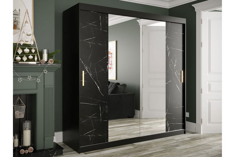 Marmuria Garderob med Speglar Kant 200 cm Marmormönster - Svart - Garderob & garderobssystem - Barngarderob - Klädskåp & fristående garderob