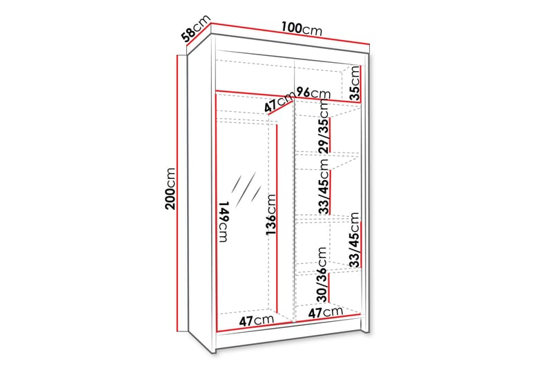 Narbonne Garderob med Spegel 100x200 cm - Svart - Förvaring - Klädförvaring - Garderob & garderobssystem