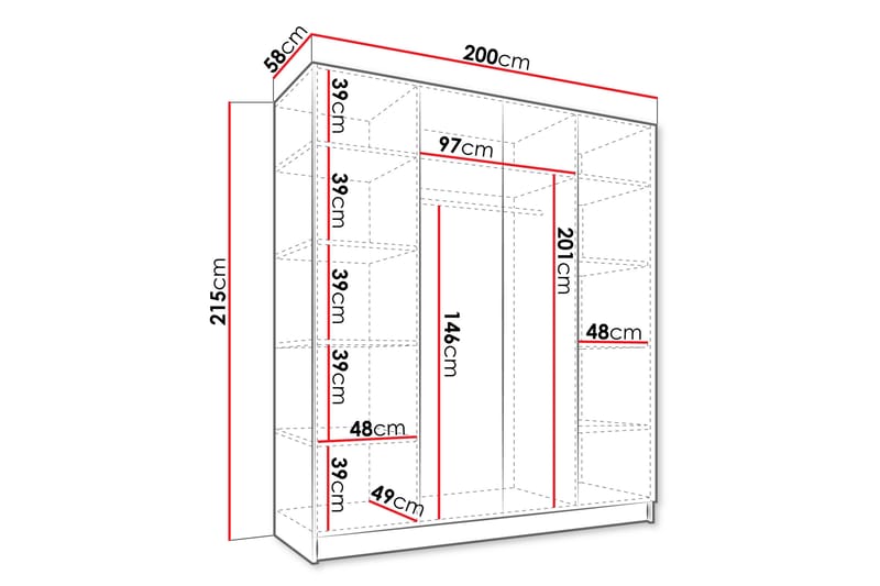 Vadstena Garderob med Spegel 200 cm - Vit/Svart - Förvaring - Klädförvaring - Garderob & garderobssystem