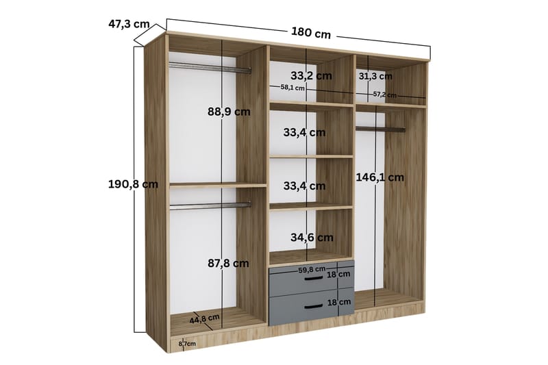 Yaman Garderob 180x190 cm - Grå/Vit - Förvaring - Klädförvaring - Garderob & garderobssystem