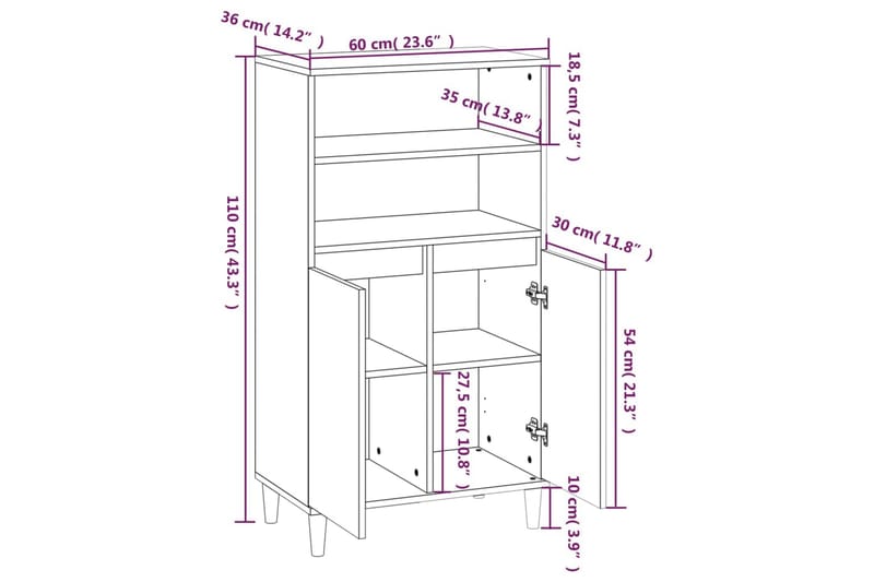 beBasic Högskåp vit högglans 60x36x110 cm konstruerat trä - White - Förvaringsskåp