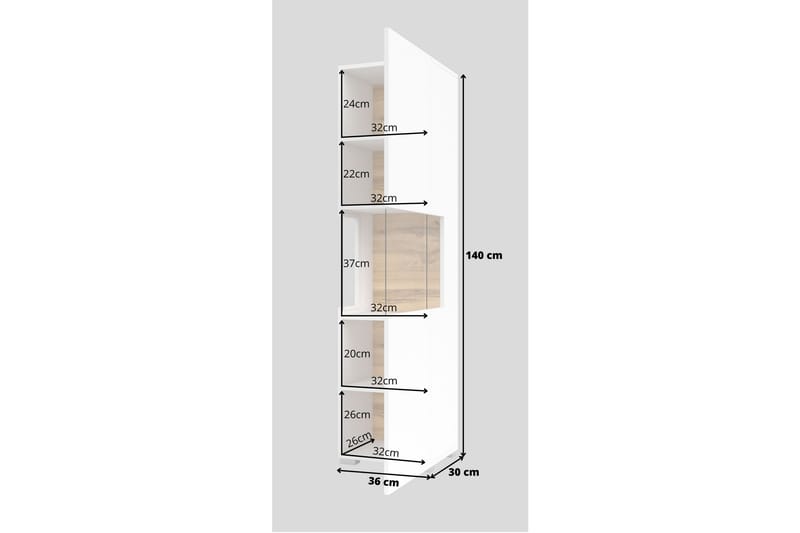 Jestine Smalt Vägghängt alt Fristående Vitrinskåp 30 cm djup 36 cm bred 140 cm hög Ljust Trä - Vit - Förvaring - Skåp - Vitrinskåp