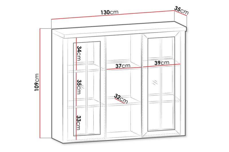 Prowansja Lågt Vitrinskåp Vit LED Belysning 35 cm djup 130 cm bred 109 cm hög Trä - Grå - Förvaring - Skåp - Vitrinskåp