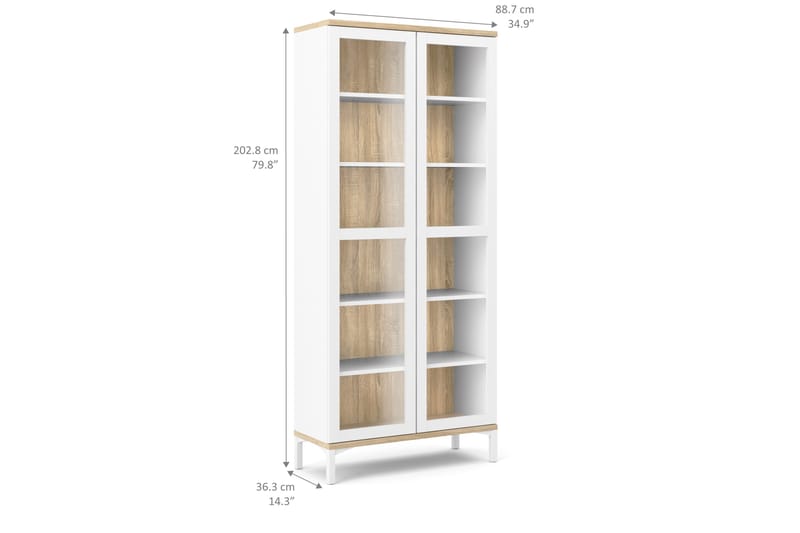 Roomers Vitrinskåp 36 cm djup 89 cm bred 202 hög med 2 Dörrar - Vit/Ek - Förvaring - Skåp - Vitrinskåp