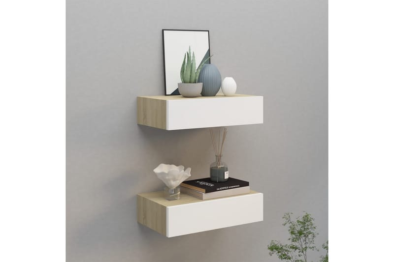 Vägglådor ek och vit 2 st 40x23,5x10 cm MDF - Beige/Vit - Förvaringslåda