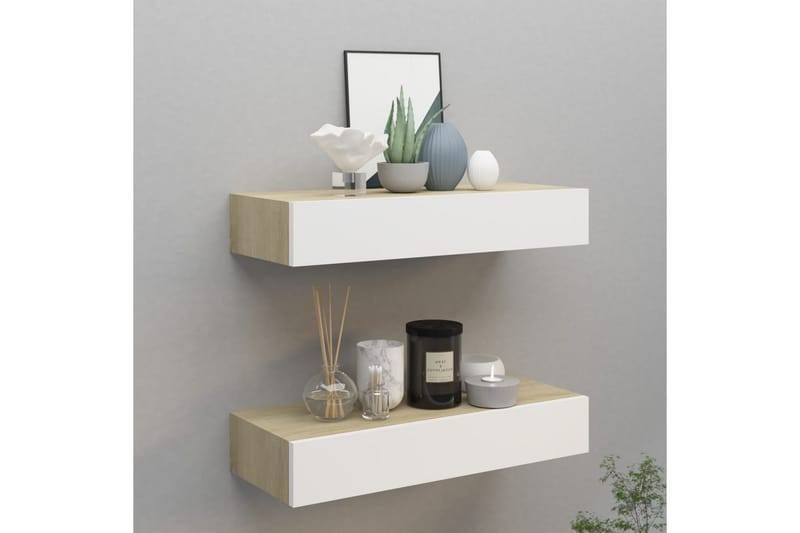 Vägglådor ek och vit 2 st 60x23,5x10 cm MDF - Vit/Trä - Förvaringslåda