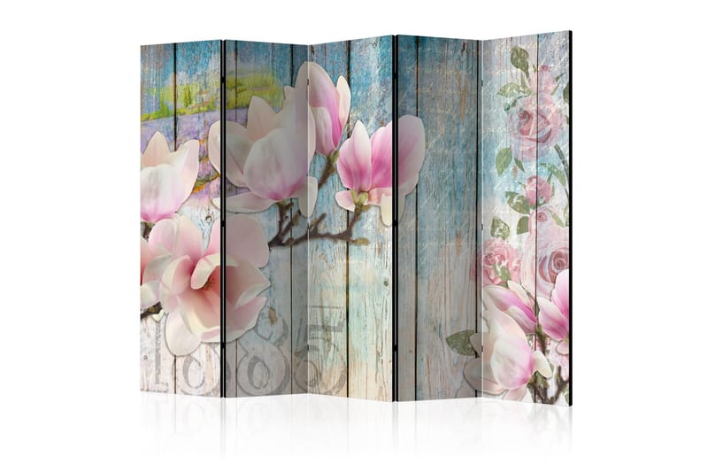 Rumsavdelare - Pink Flowers on Wood II 225x172 - Artgeist sp. z o. o. - Vikskärm - Rumsavdelare