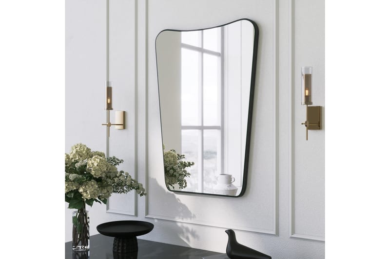 Sachin Spegel 50 cm Asymmetrisk - Svart - Spegel med belysning - Väggspegel - Helkroppsspegel - Spegel med hylla - Hallspegel