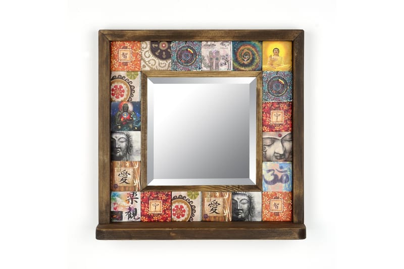 Timos Väggspegel Buddha - Flerfärgad/Natur - Spegel med belysning - Väggspegel - Helkroppsspegel - Spegel med hylla - Hallspegel