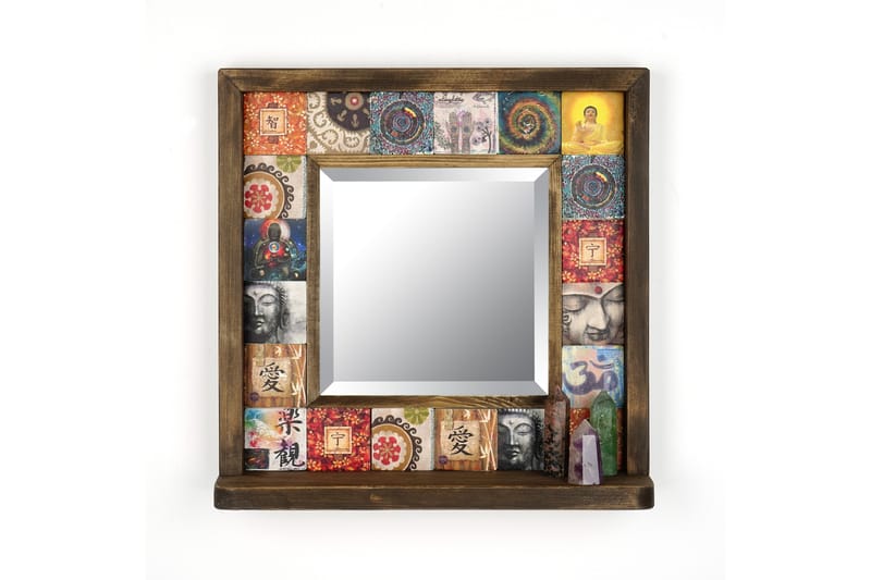 Timos Väggspegel Buddha - Flerfärgad/Natur - Spegel med belysning - Väggspegel - Helkroppsspegel - Spegel med hylla - Hallspegel