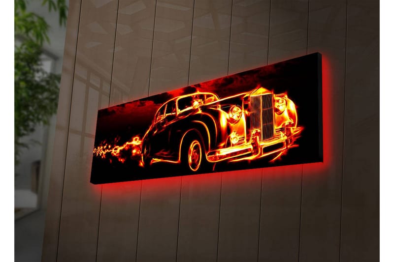Canvastavla med LED-belysning 30x90 cm - Vintage bil med eldslågor som omger den, Röd / Svart / Orange