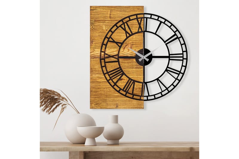 Wooden Clock 10 - Svart/Valnöt - Väggklocka & väggur