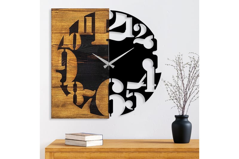 Wooden Clock 3 - Svart/Valnöt - Väggklocka & väggur
