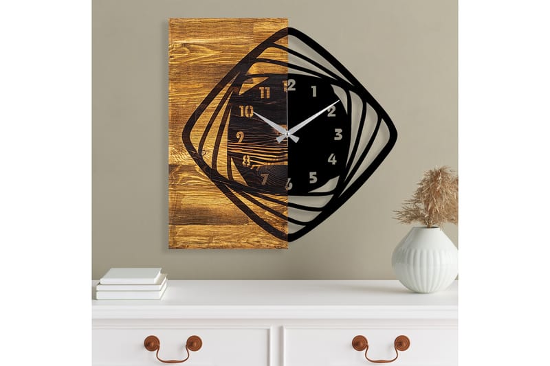 Wooden Clock 4 - Svart/Valnöt - Väggklocka & väggur
