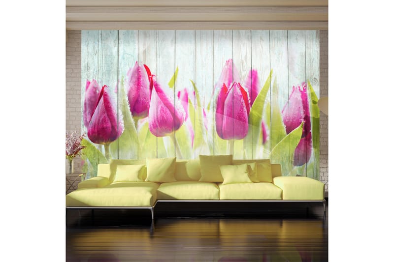 Fototapet Tulips On White Wood 200x140 - Artgeist sp. z o. o. - Fototapet