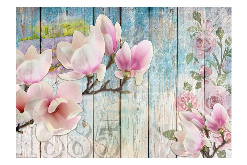 Fototapet Pink Flowers On Wood 250x175 - Artgeist sp. z o. o. - Fototapet