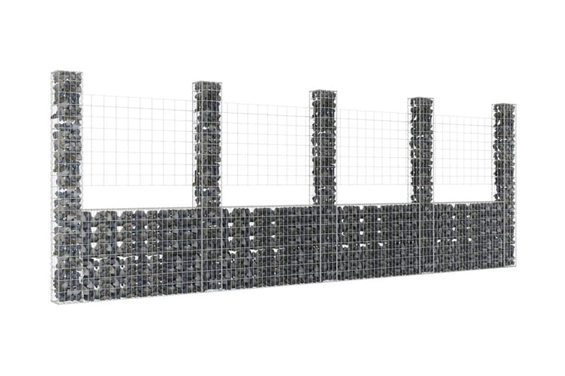 U-formad gabionkorg med 5 stolpar järn 500x20x200 cm - Silver - Gabion