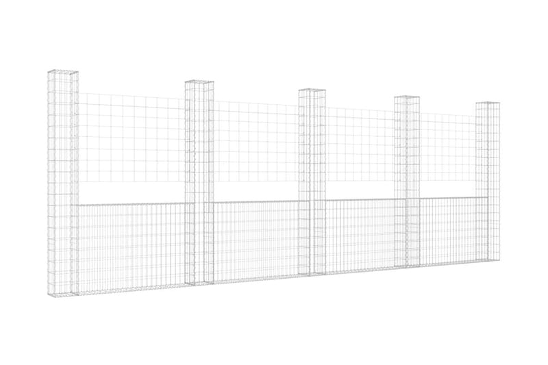 U-formad gabionkorg med 5 stolpar järn 500x20x200 cm - Silver - Gabion