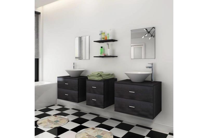 Badrumsmöbler med handfat och kran svart 9 delar - Svart - Kompletta möbelpaket badrum