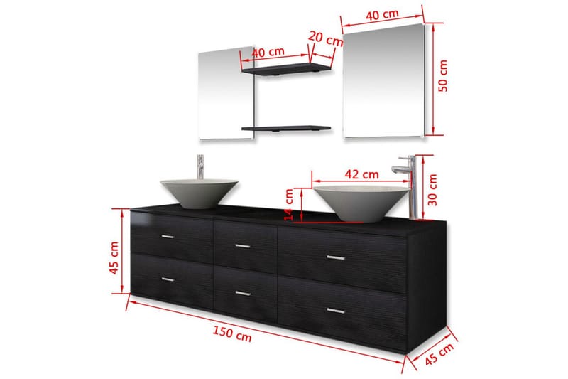 Badrumsmöbler med handfat och kran svart 9 delar - Svart - Kompletta möbelpaket badrum