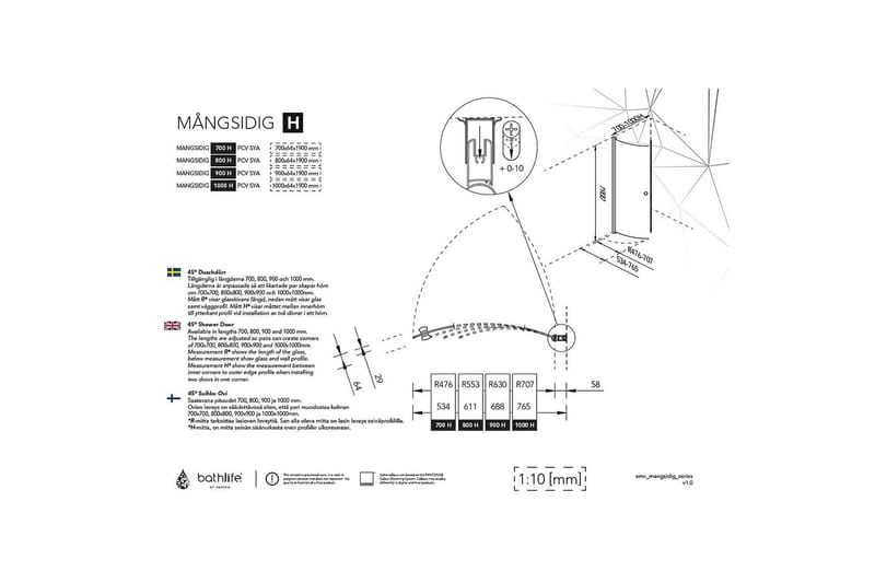 Duschdörr Mångsidig 45° Dörr Klarglas Svart 700 - Glas|Svart - Hus & renovering - Kök & bad - Badrum - Duschar - Duschdörrar