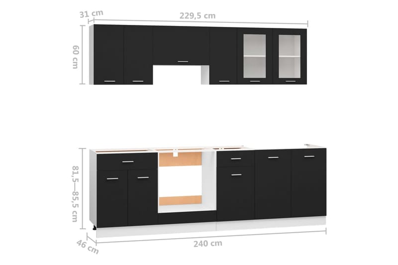 Köksskåp set 8 delar svart spånskiva - Svart - Köksskåp