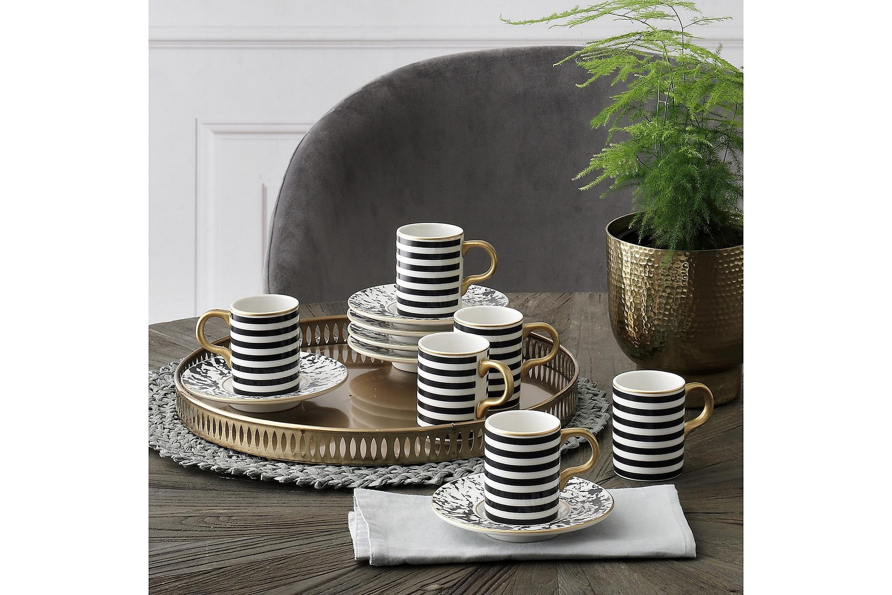 REA/Black Friday Subatan Kaffekoppset 12 Delar - Porslin/Vit/Guld/Svart Porslin