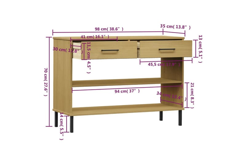 beBasic Konsolbord med metallben OSLO brun massiv furu - Brown - Hallbord - Konsolbord & sidobord