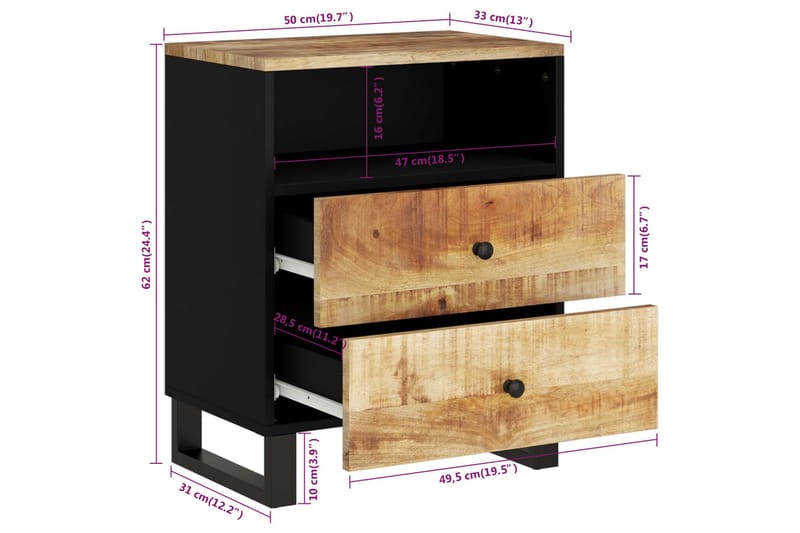 beBasic Sängbord 50x33x62 cm massivt mangoträ och konstruerat trä - Brown - Möbler - Bord & matgrupper - Avlastningsbord - Sängbord & nattduksbord