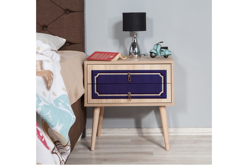 Brokind Sängbord 60 cm med Förvaring 2 Lådor Dekor - Natur/Blå - Sängbord & nattduksbord