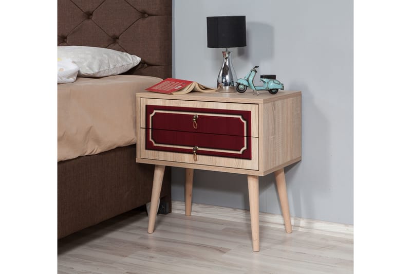 Brokind Sängbord 60 cm med Förvaring 2 Lådor Dekor - Natur/Röd - Sängbord & nattduksbord