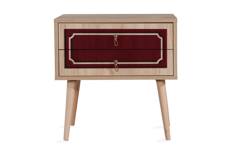 Brokind Sängbord 60 cm med Förvaring 2 Lådor Dekor - Natur/Röd - Sängbord & nattduksbord