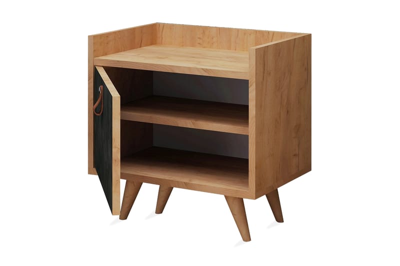Mod Design Sängbord 50 cm med Förvaring Skåp Läderbeslag - Grå/Trä - Sängbord & nattduksbord
