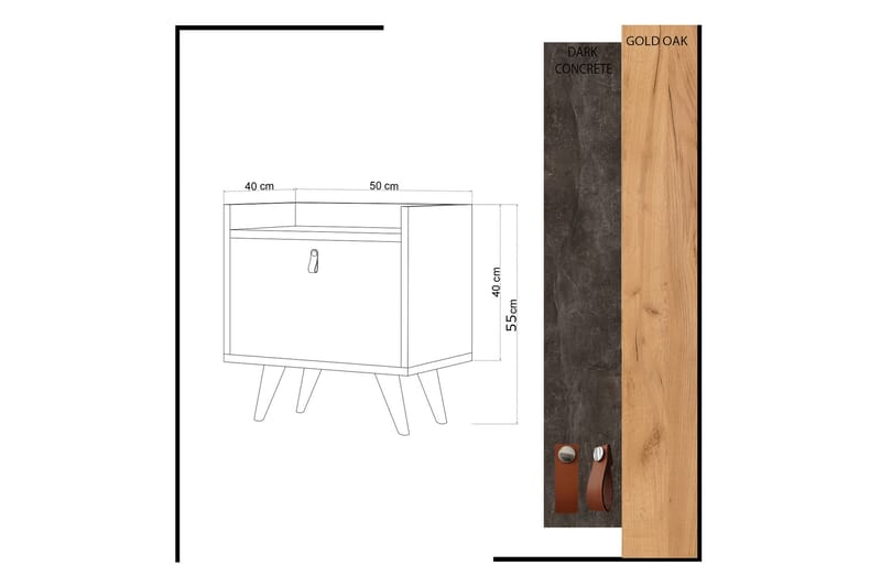 Mod Design Sängbord 50 cm med Förvaring Skåp Läderbeslag - Grå/Trä - Sängbord & nattduksbord