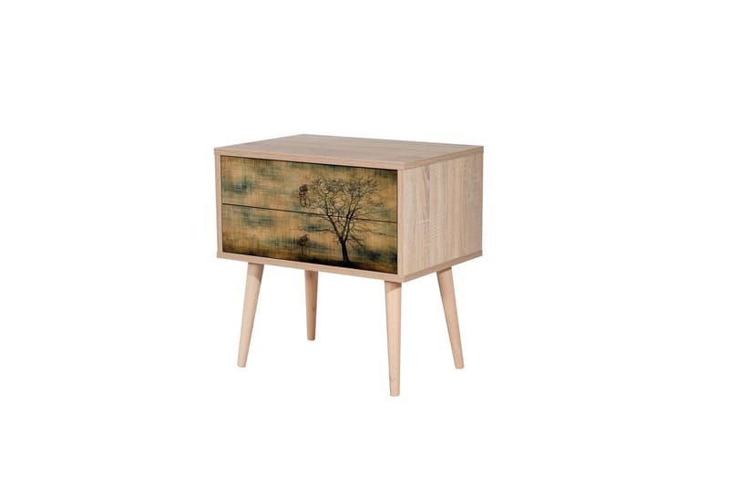 Vellavie Sängbord 60 cm med Förvaring 2 Lådor Trädsilhuett - Brun/Grön - Sängbord & nattduksbord
