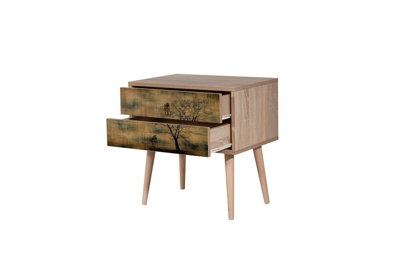 Vellavie Sängbord 60 cm med Förvaring 2 Lådor Trädsilhuett - Brun/Grön - Sängbord & nattduksbord