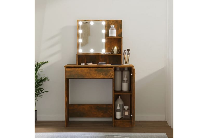 beBasic Sminkbord med LED rökfärgad ek 86,5x35x136 cm - Brown - Sminkbord & toalettbord